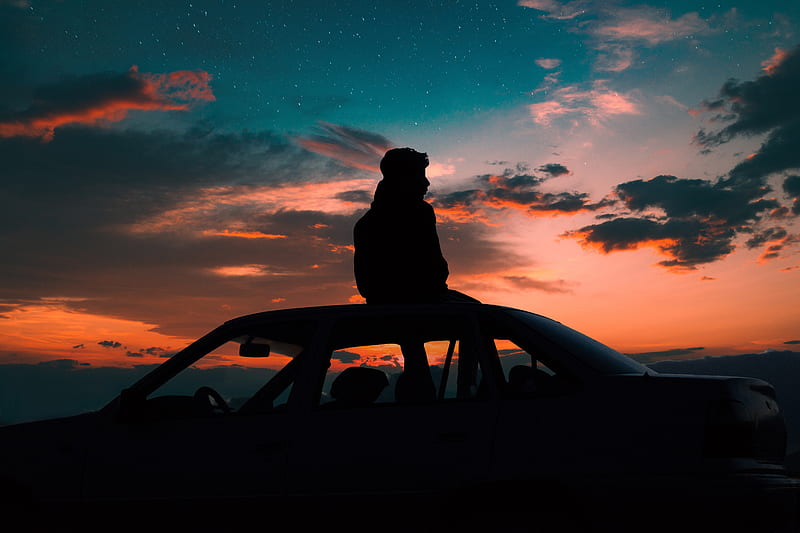 man, starry sky, car, solitude, loneliness, HD wallpaper