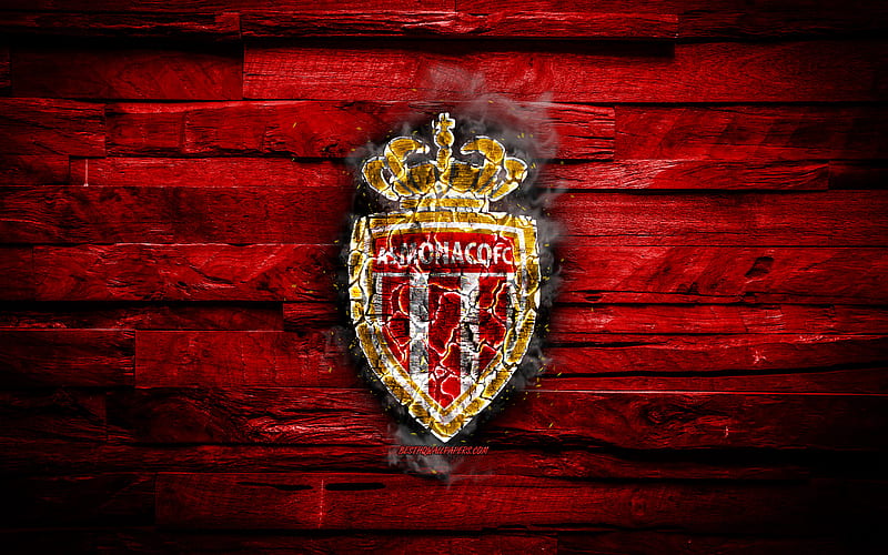 Monaco FC, fiery logo, Ligue 1, red wooden background, french football club, grunge, AS Monaco, football, soccer, AS Monaco logo, fire texture, France, HD wallpaper