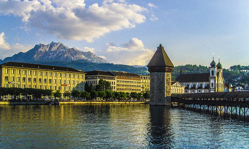 Lucerne, Switzerland, building, mountain, tower, clouds, sky, lake, HD wallpaper