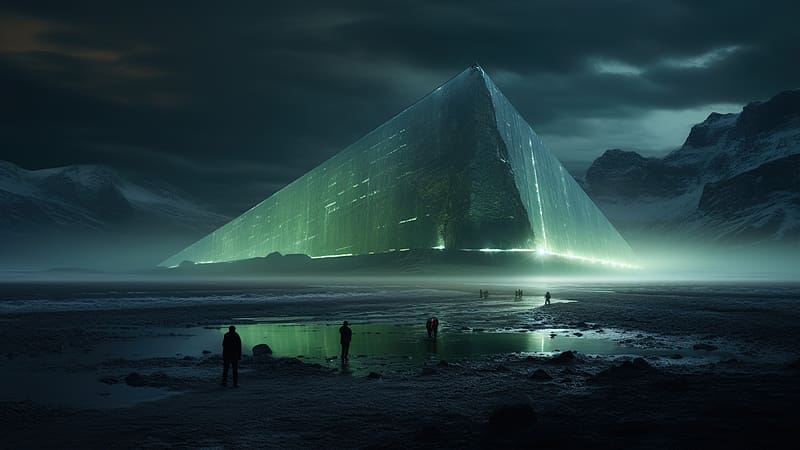pyramid, futuristic, ice, snow, mountains, dark, HD wallpaper