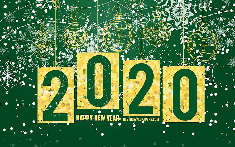 2020 New Year, 2020 Green Christmas background, Happy New Year 2020, 2020 concepts, Green 2020 background, golden christmas balls, HD wallpaper