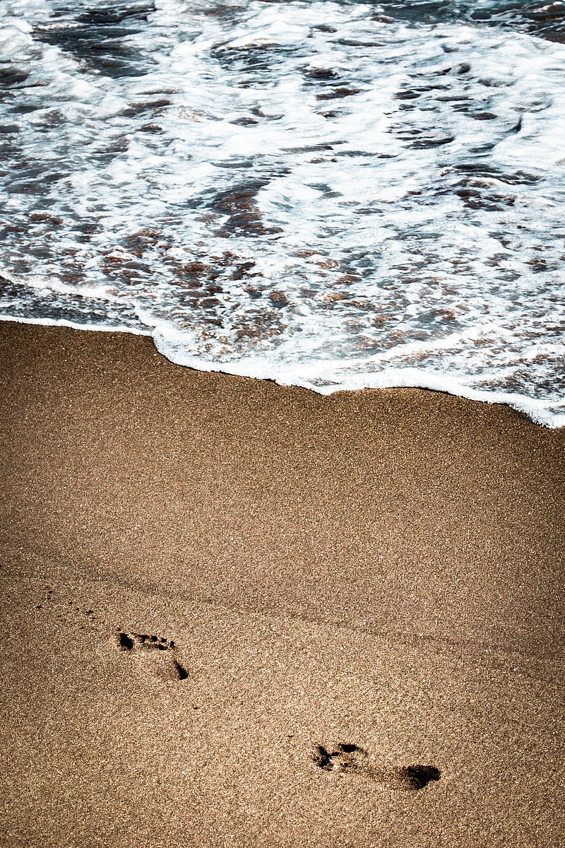 footprints, beach, coast, sand, sea, HD phone wallpaper