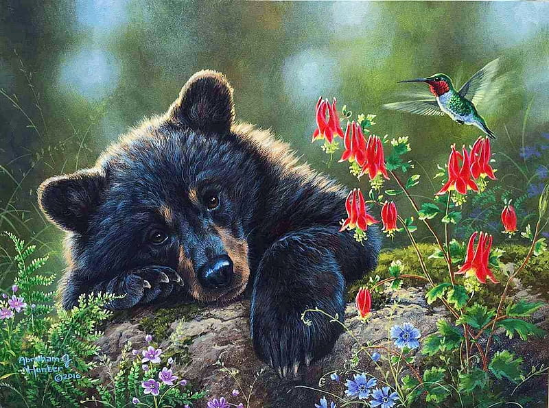 I Wish I Could Fly, painting, bear, flowers, blossoms, hummingbird, artwork, HD wallpaper