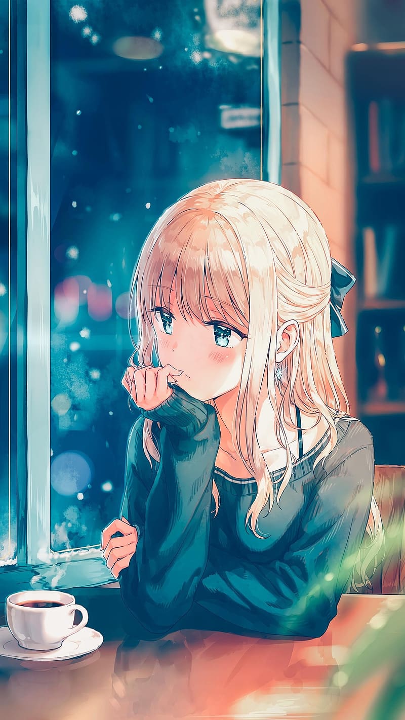 Anime Sad Girl, Having Coffee, animation, HD phone wallpaper