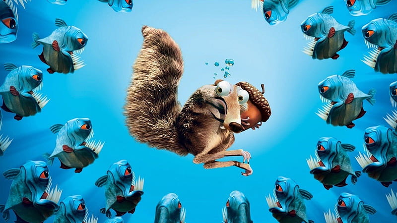 Scrat and his acorn, underwater, squirrel, piranha, movie, fish, ice age, acorn, water, scrat, funny, disney, blue, HD wallpaper