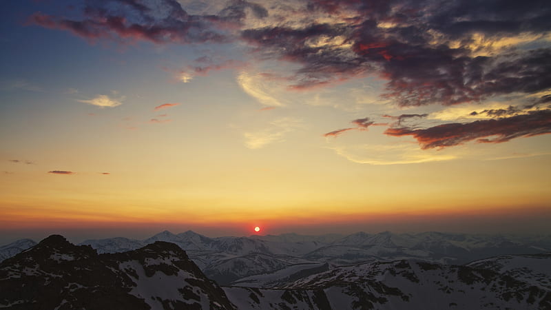 sunset, mountains, peaks, clouds, scenery, sky, Landscape, HD wallpaper