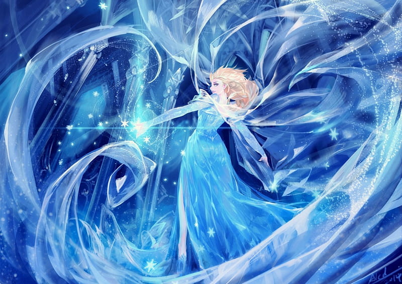 MY paradise, pretty, dress, the snow gueen, bonito, magic, lights, sweet, ponytail, nice, fantasy, anime, beauty, anime girl, long hair, blue eyes, female, glowing, elsa, the snow queen, smile, blonde hair, cute, ice queen, cool, dark, magical, ice, awesome, frozen, HD wallpaper