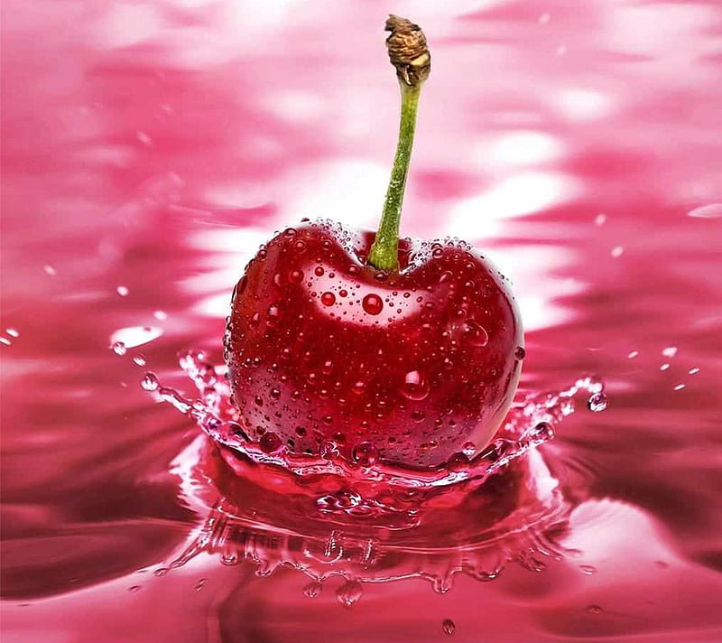 Cherry Splash, fruit, pink, red, water, HD wallpaper