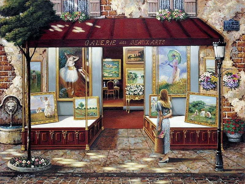 Galerie des beaux arts, house, window, shop, painting, woman, door, HD wallpaper