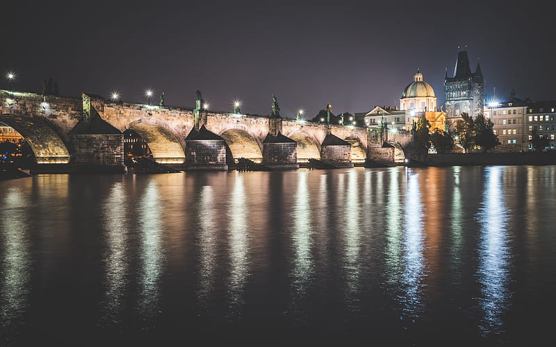 Charles Bridge, Prague, night, city lights, street lights, river, sights of Prague, Czech Republic, HD wallpaper