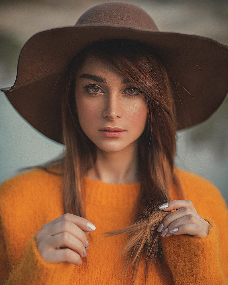 Ali Pazani, graphy, brunette, portrait display, hat, holding hair, white nails, women, looking at viewer, face, coats, HD phone wallpaper
