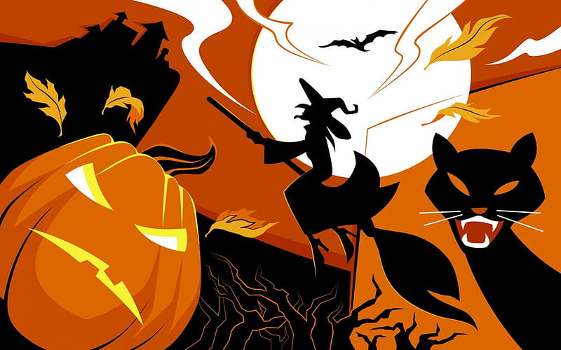 Halloween Symbols, witch riding broom, halloween, full moon, black cat, pumpkin, bat, HD wallpaper