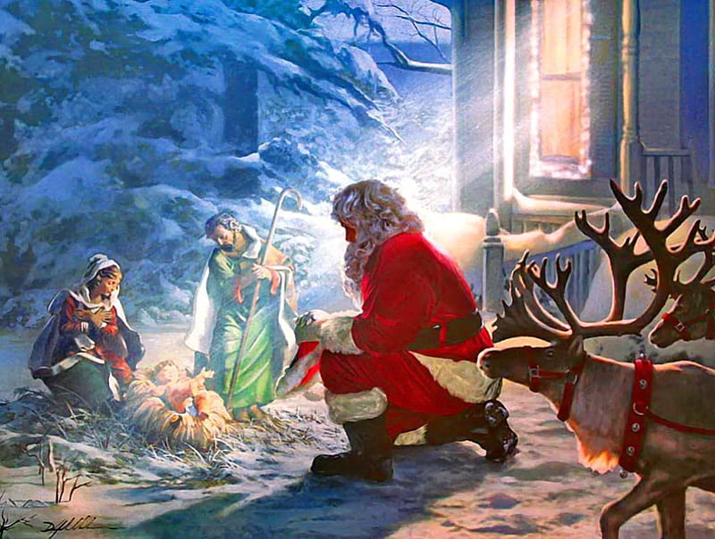 Santa with baby Jesus, art, christmas, magic, baby, deer, winter, Jesus, santa, holy, parents, snow, painting, evening, light, night, HD wallpaper