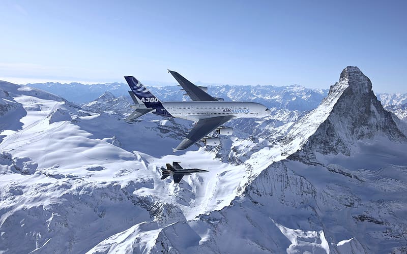 Landscape, Snow, Mountain, Airplane, Aircraft, Airbus, Vehicles, Airbus A380, Warplane, HD wallpaper