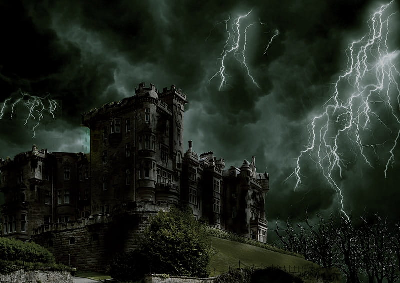 Spooky Castle, windows, lightning, bare trees, dark, gris, black, trees, castle, HD wallpaper