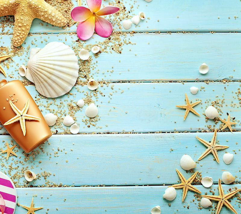 Seashells, marine, plumeria, sand, starfish, summer, wood, HD wallpaper