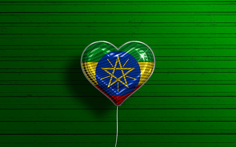 I Love Ethiopia realistic balloons, green wooden background, African countries, Ethiopian flag heart, favorite countries, flag of Ethiopia, balloon with flag, Ethiopian flag, Uganda, Love Ethiopia, HD wallpaper