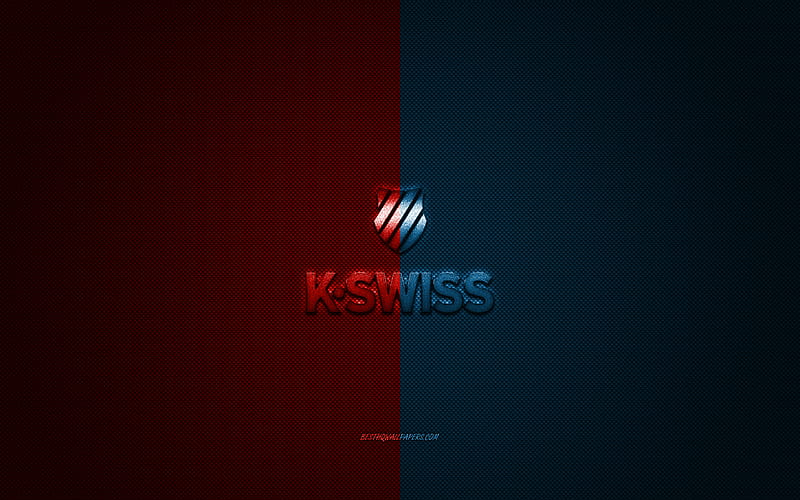 K-Swiss logo, metal emblem, apparel brand, red-blue carbon texture, global apparel brands, K-Swiss, fashion concept, K-Swiss emblem, HD wallpaper