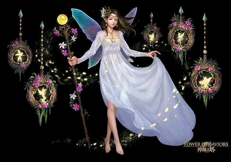 Chiffonette fairy, tower of saviors, fantasy, girl, luminos, tyrion daniel, black, white, fairy, HD wallpaper