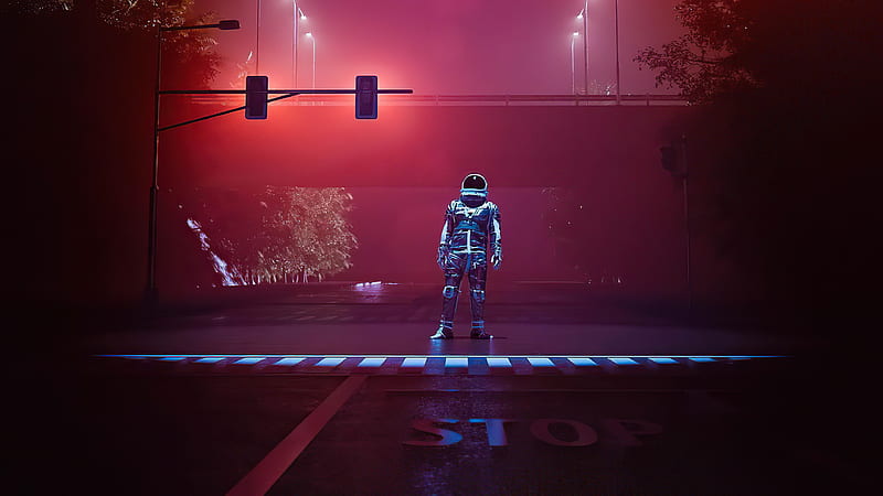 Astronaut At Stop Light , astronaut, artist, artwork, digital-art, HD wallpaper