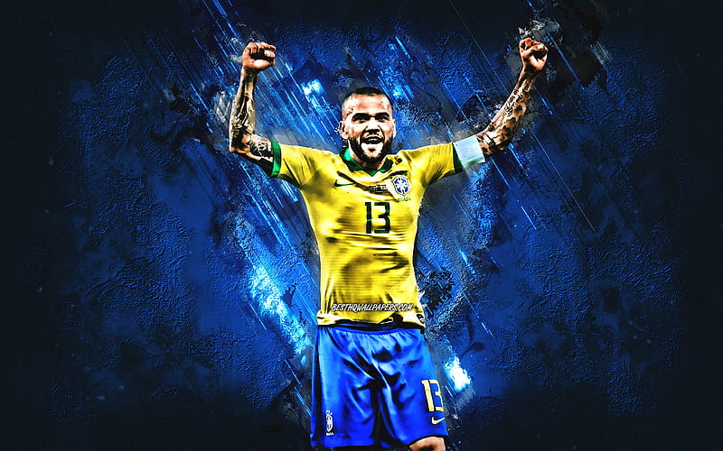 Dani Alves, Brazil national football team, Brazilian footballer, defender, portrait, blue stone background, soccer, Brazil, HD wallpaper