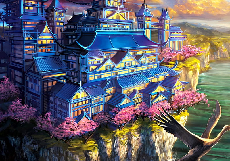 Palace of the Crane, art, exquisite, luminos, alayna, fantasy, bird, castle, pink, blue, HD wallpaper