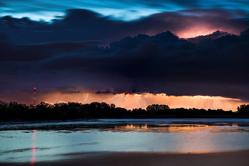 Lightning Storm over a Lake, Sky, Clouds, Storms, Lakes, Lightning, Nature, HD wallpaper