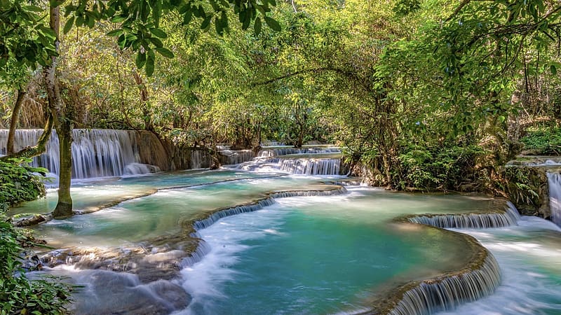 Kuang Si Falls, near Luang Prabang, Laos, trees, cascades, river, forest, stones, HD wallpaper