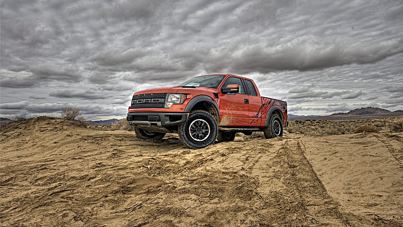 Ford F 150 Raptor Orange Truck Car With Cloudy Sky Background Ford Raptor, HD wallpaper