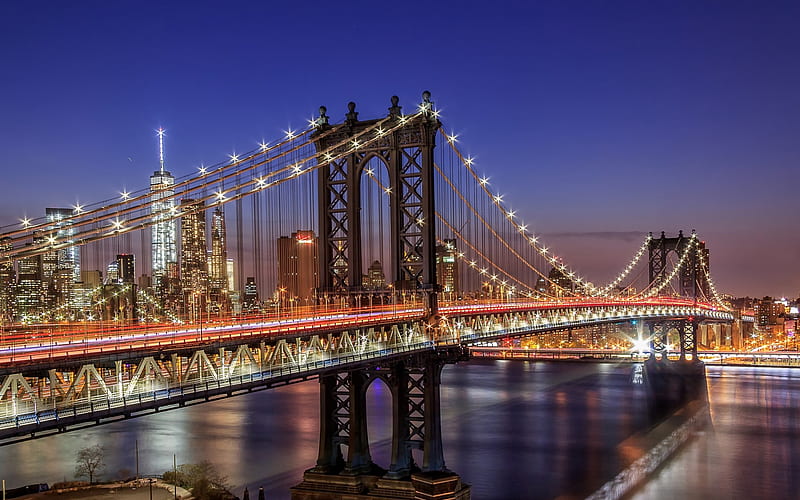 New York, Manhattan Bridge, night, World Trade Center 1, suspension bridge, East River, Manhattan, USA, city lights, HD wallpaper