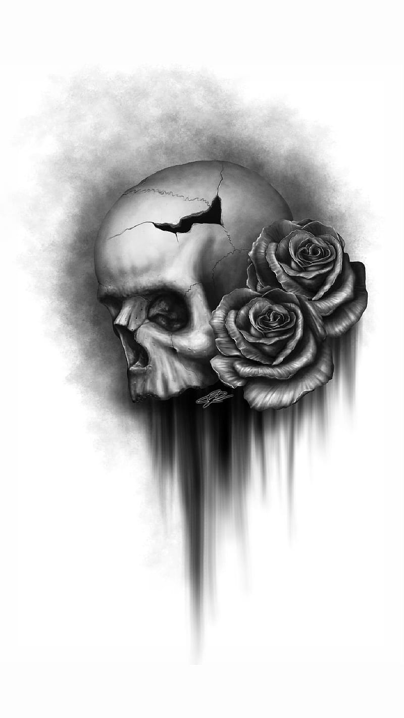 black and white skull and roses wallpaper