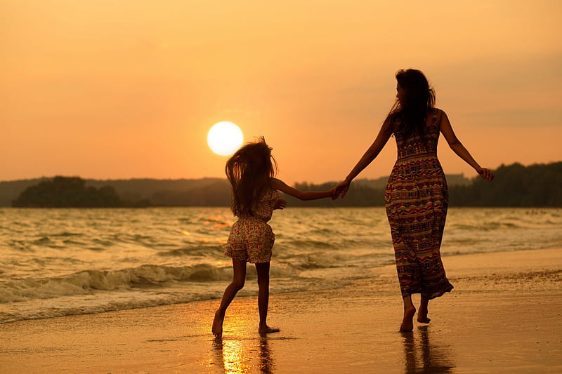 sun, pure love, mom, sunset, sky, woman, clouds, sea, beach, sand, splendor, girl, love, nature, child, lady, HD wallpaper