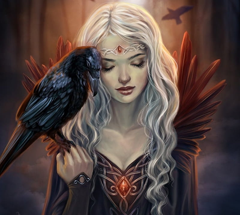 art, raven, fantasy, lady, HD wallpaper