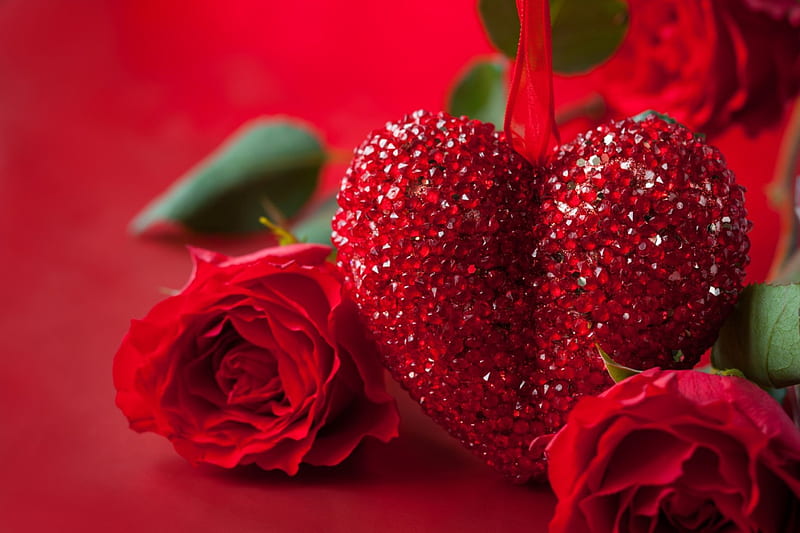 Happy Valentines Day, red, roses, ribbon, heart, HD wallpaper