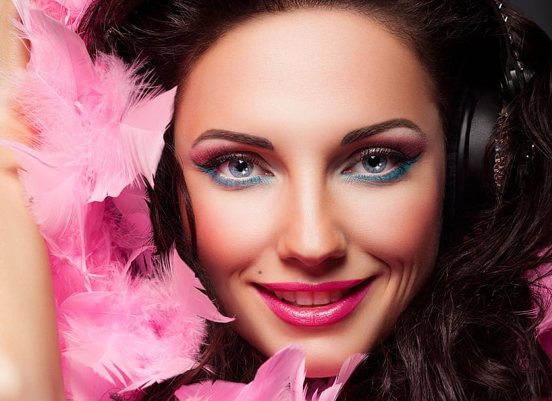 Beauty, girl, model, feather, headphones, face, smile, woman, pink, HD wallpaper