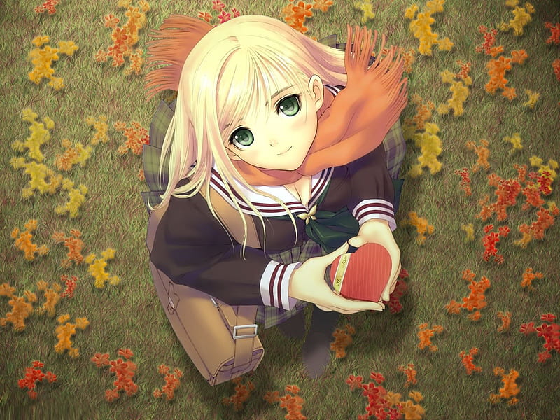 Anime Heart, blonde, girl, anime, heart, HD wallpaper