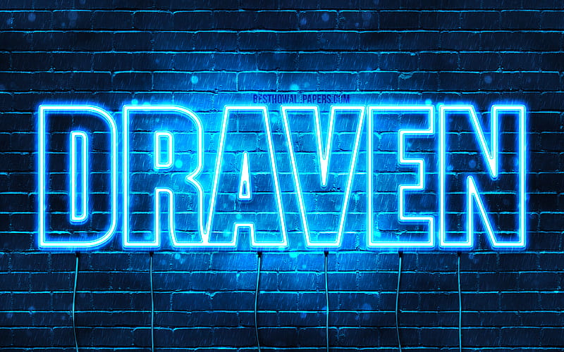 Draven with names, horizontal text, Draven name, Happy Birtay Draven, blue neon lights, with Draven name, HD wallpaper