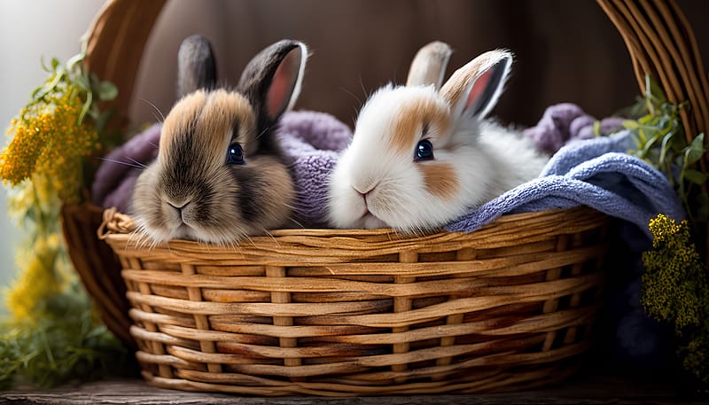 Rabbits in a wicker basket, Painting, Young, Rabbits, Basket, HD wallpaper
