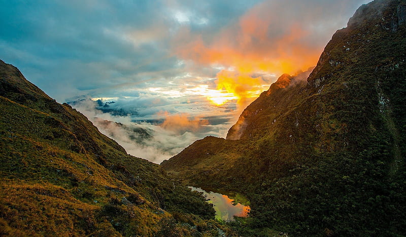 SUNSET, hills, red, yellow, clouds, lagoon, skies, water, green, forests, landscape, blue, HD wallpaper