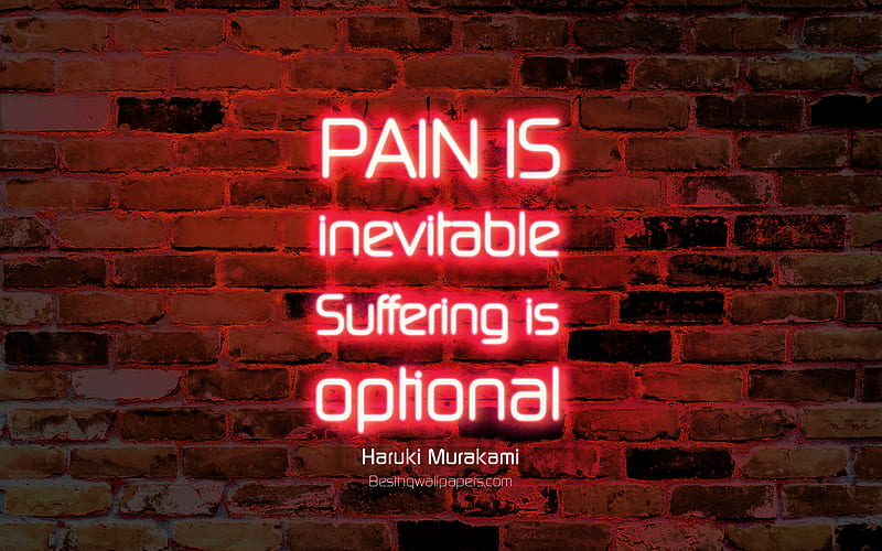 Pain is inevitable Suffering is optional red brick wall, Haruki Murakami Quotes, neon text, inspiration, Haruki Murakami, quotes about pain, HD wallpaper