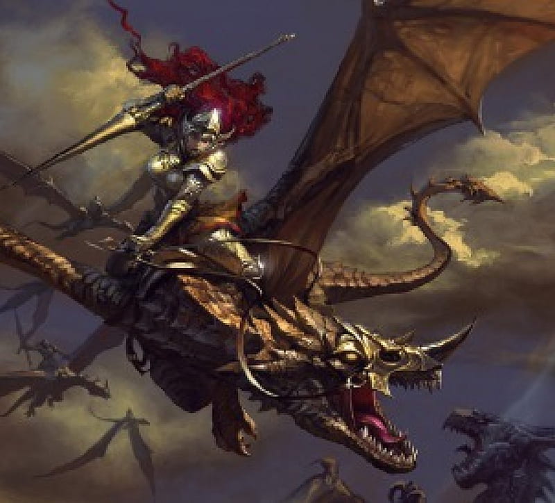 Dragon Warrior, lance, fighting, red head, woman, dragons, HD wallpaper