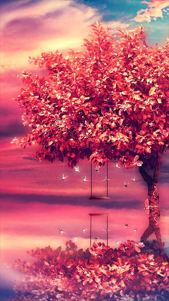 Tận hưởng vẻ đẹp tuyệt đẹp của cây đỏ, mây, phản xạ tự nhiên và bầu trời trong hình nền HD cho điện thoại của bạn.