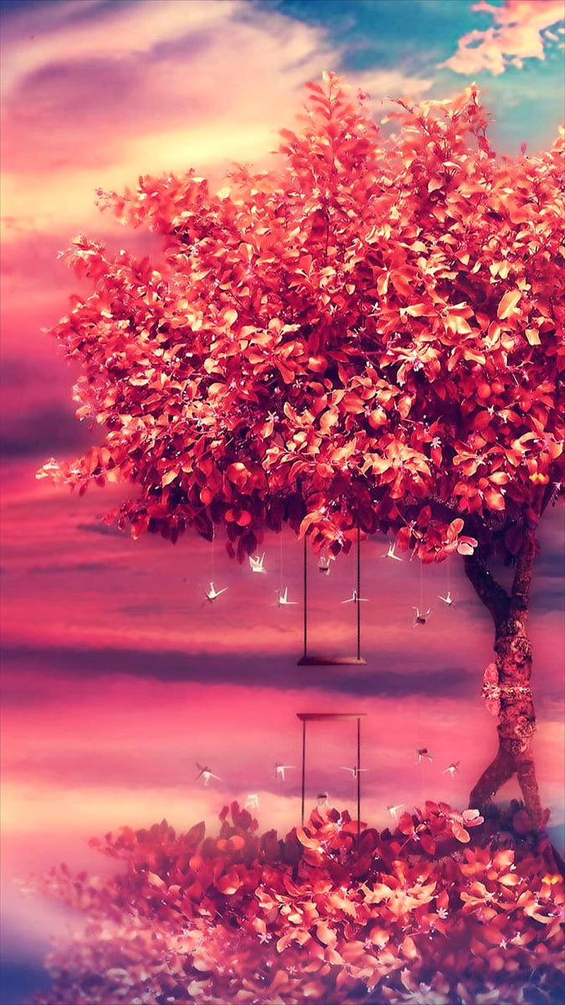 Red tree, background, clouds, nature, reflection, sky, HD phone wallpaper