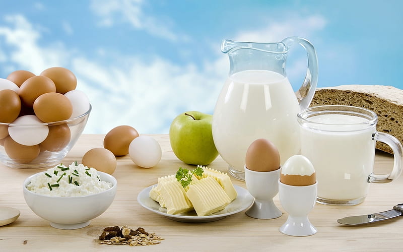 Food with Protein, butter, protein, bread, eggs, milk, curds, HD wallpaper