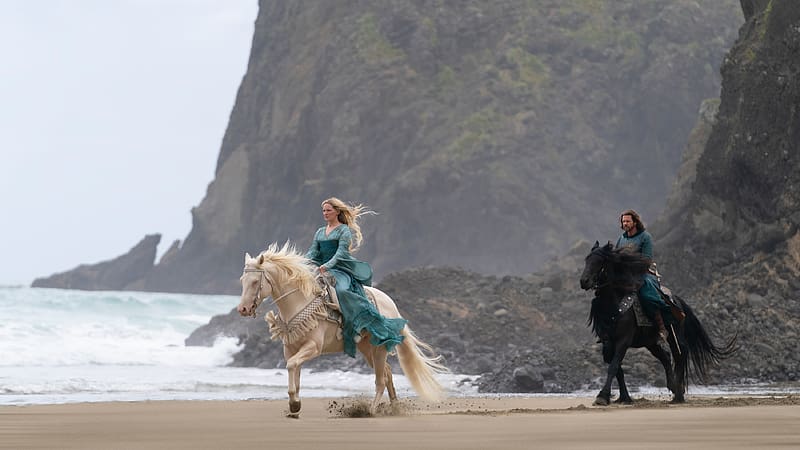 The Lord of the Rings: The Rings of Power 2022, sea, blue, horse, white, scene, blonde, the rings of power, elf, galadriel, beach, lotr, morfydd clark, tv series, fantasy, water, princess, HD wallpaper