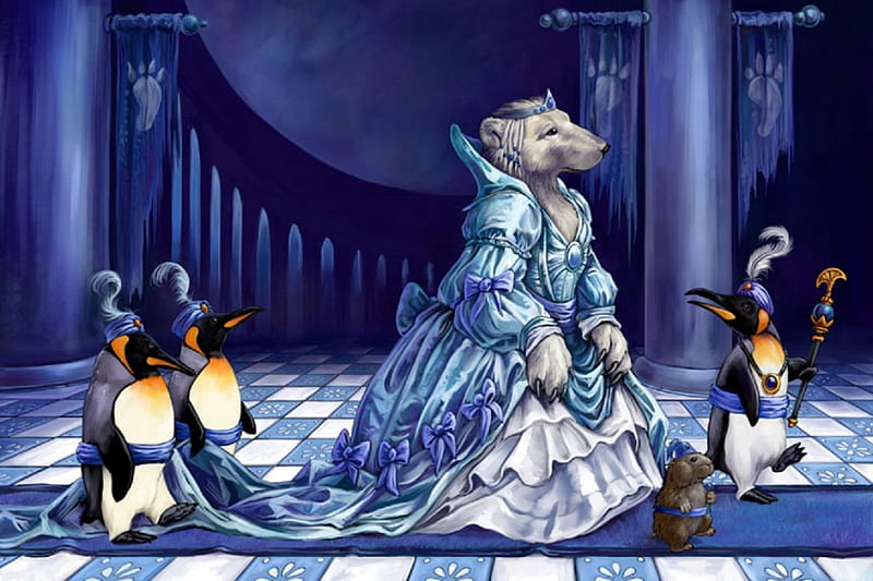 Polar Court, furry, female, palace, woman, royal, fantasy, mouse, penguins, blue, HD wallpaper