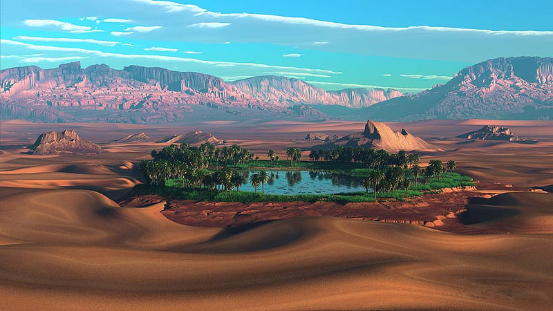Water is Life, scenic, water, desert, mountains, Oasis, nature, landscape, HD wallpaper