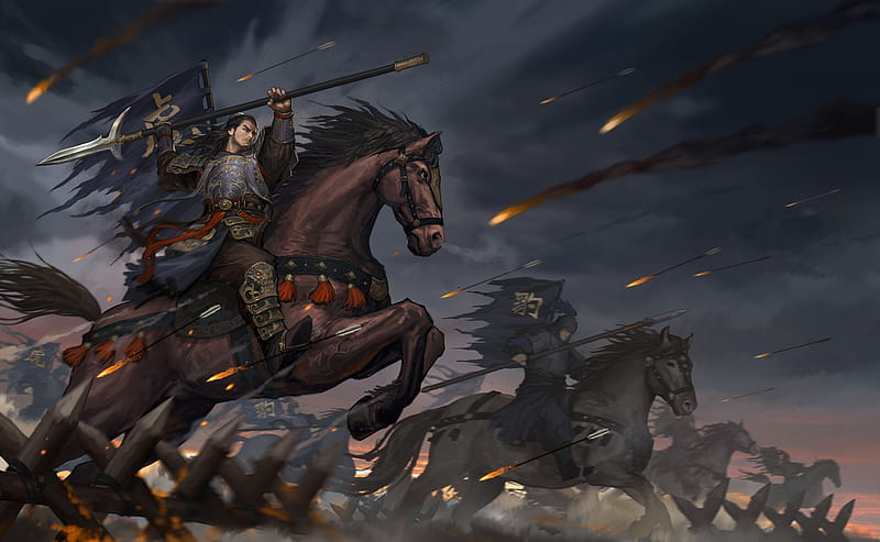 Cao Chun, battle, fantasy, dark, black, man, nuit blanche, horse, HD wallpaper