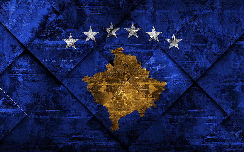 Flag of Kosovo grunge art, rhombus grunge texture, Kosovo flag, Europe, national symbols, Kosovo, creative art, HD wallpaper