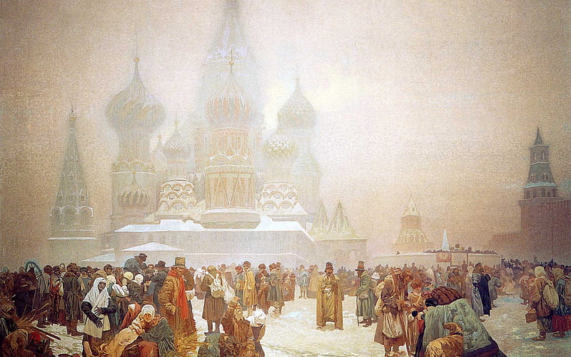 The abolition of serfdom in Russia 1914, art, moscow, russia, abolition, people, painting, pictura, mist, alphonse mucha, HD wallpaper